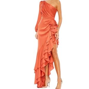 Mac Duggal One Shoulder Ruffle Gown Coral Orange Maxi Dress Size 2 NWT